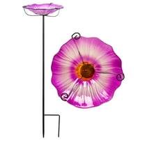 G128 29 Inch Height Glass Bird Baths with Metal Stake | Decorative Purple Flower Design Outdoor Garden Bird Feeder