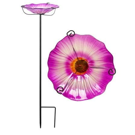 G128 29 Inch Height Glass Bird Baths with Metal Stake | Decorative Purple Flower Design Outdoor Garden Bird Feeder