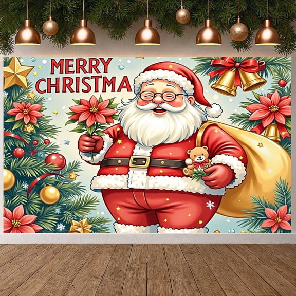 Santa Claus Design Merry Christmas Banner Poinsettia Pattern Santa Claus Display Golden Bells Christmas Tree Elements Xmas Backdrop for Christmas Party Holiday Decoration Indoor Celebration