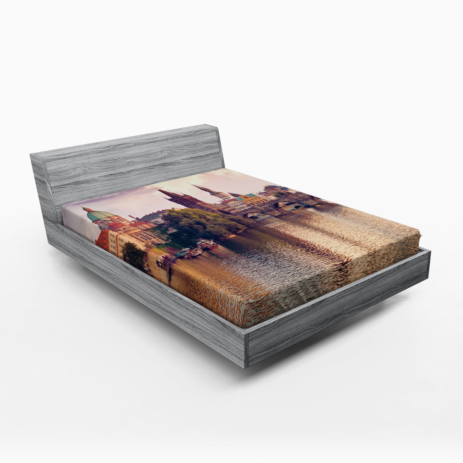 Landscape Fitted Sheet, Pastoral View at Charles Bridge Spires of Prague Central Europe Gothic
