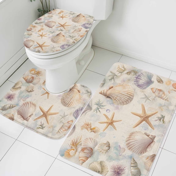 Ocean Seashell Bathroom Rugs Set Starfish Ocean Life Summer Vintage Non Slip Absorbent Soft Bath Mats 3 Piece Set with Bathroom Rug, U-Shaped Floor Mat, Toilet Seat Cover Large Size
