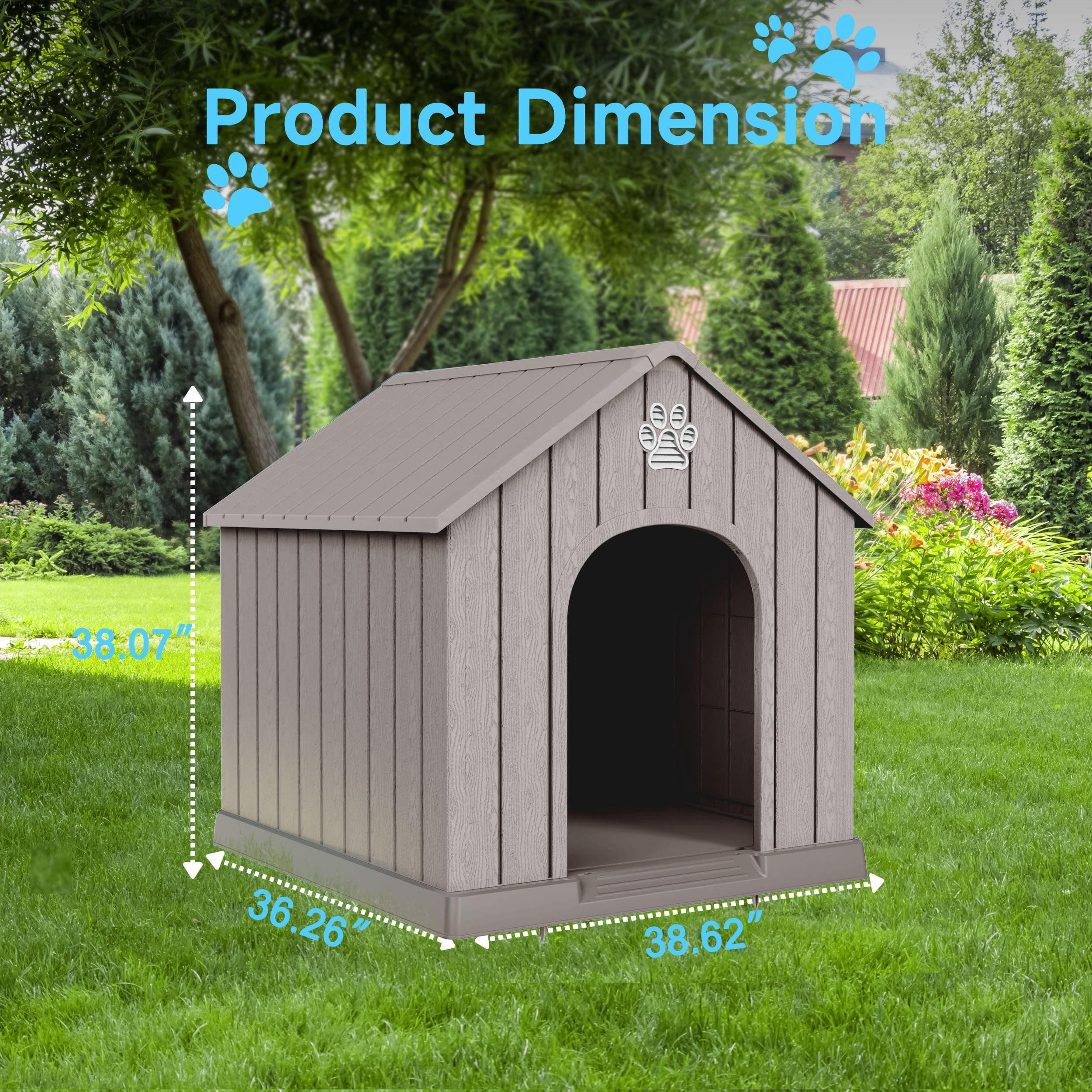 Indoor Outdoor Waterproof Dog House,PP Material,Puppy Shelter with Air Vents and Elevated Floor,Sturdy Dog Kennel for Small to Large Sized Dogs, Easy to Assemble (Blue, 38.62*36.26*38.07 Inches)