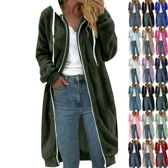 Admvng Long Winter Coats for Women Plus Size Solid Color Zipper Pullover Long Sleeve Hooded Jacket Winter Clothing for Women S-5XL