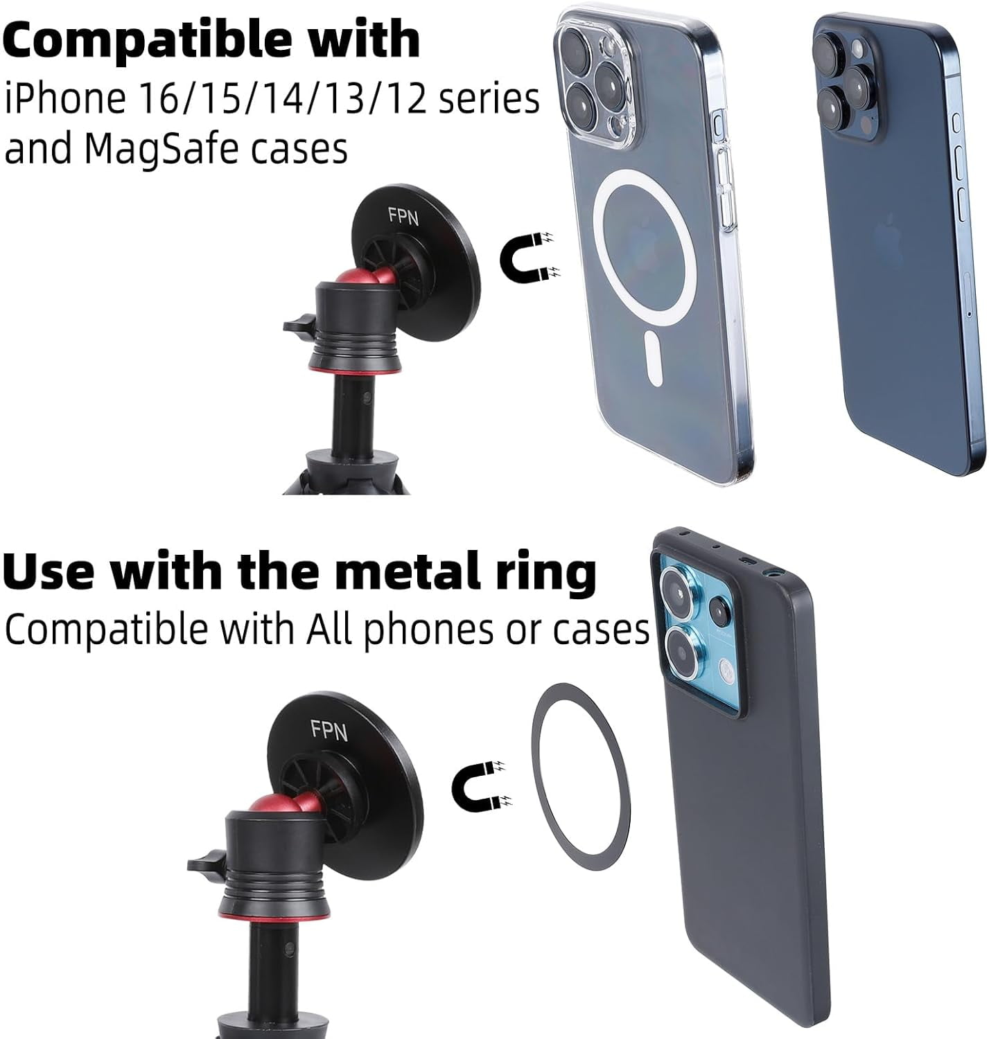 RGHJAR-Magnetic Cell Phone Tripod for MagSafe, Mini Extendable Selfie Stick and Tripod Stand with 360° Ball Head, Compatible with iPhone 16 15 Pro Max Plus 14 13 12 Series