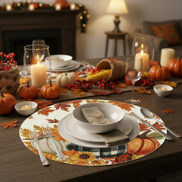 Cameland Napperons Ronds d'Automne en Lin avec Imprimé d'Érable et de Citrouille, Décoration de Maison, Ambiance, Arrangement