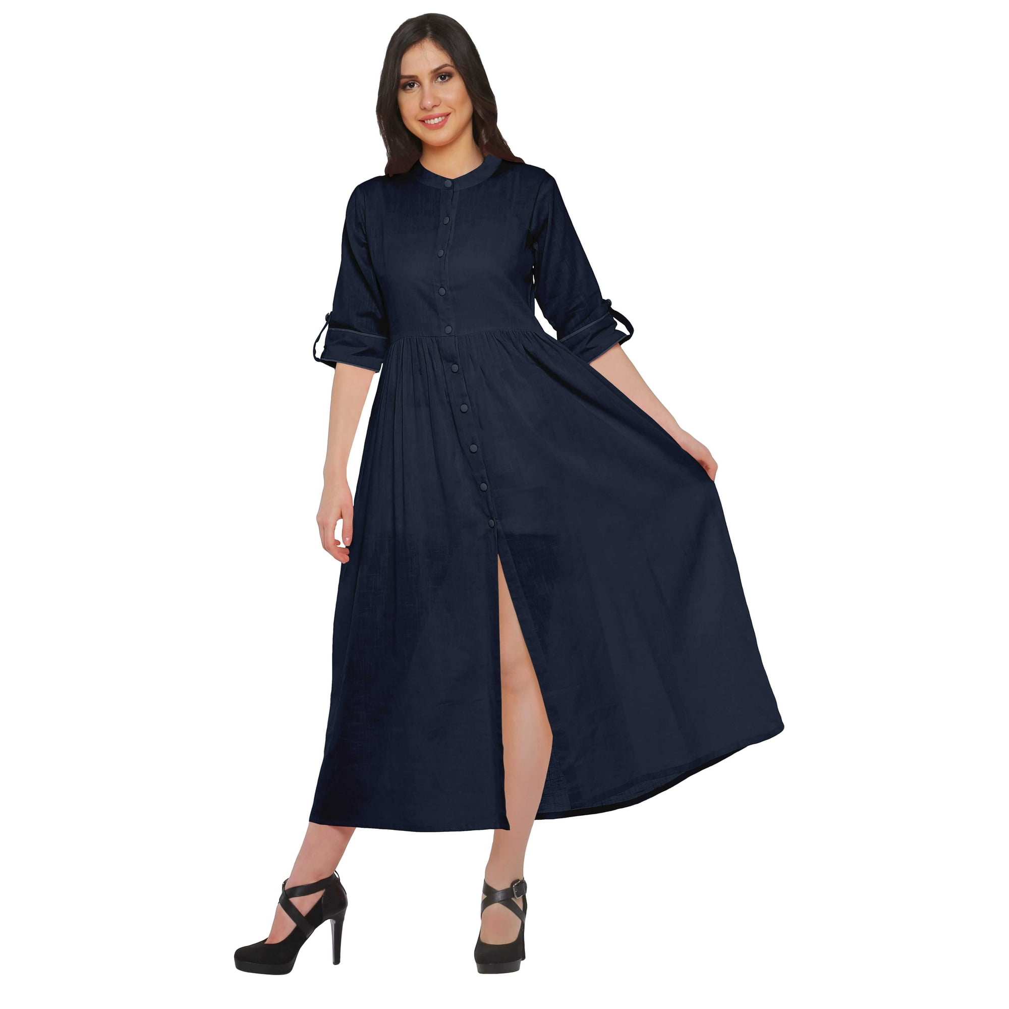 Moomaya Long Button Down Shirts For Women Front Slit A Line Kurtis Summer Kurta