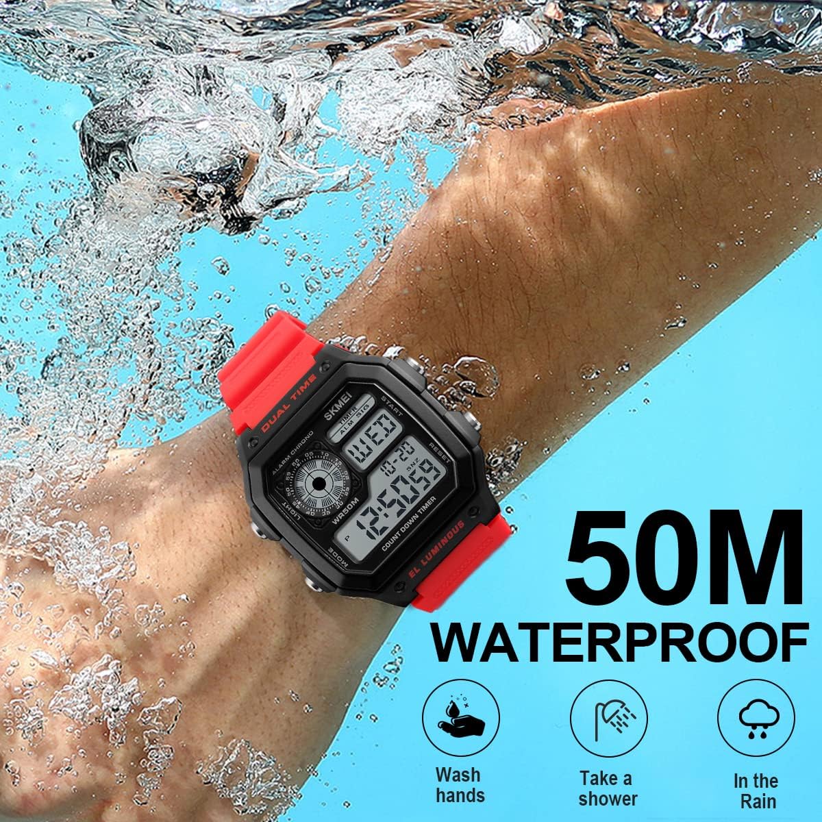 Wrist Watch for Men, Digital Sports Waterproof Watch with Dual Time Chronograph Countdown Alarm Backlight