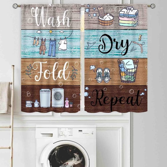Laundry Room Curtians, Rustic Wash Dry Fold Repeat Laundry Quotes Rural Country Wooden Farmhouse Laundry Drapes Treatments for Kitchen Living Room Bedroom Bathroom Windows 2 Panels, 55x39 Inch