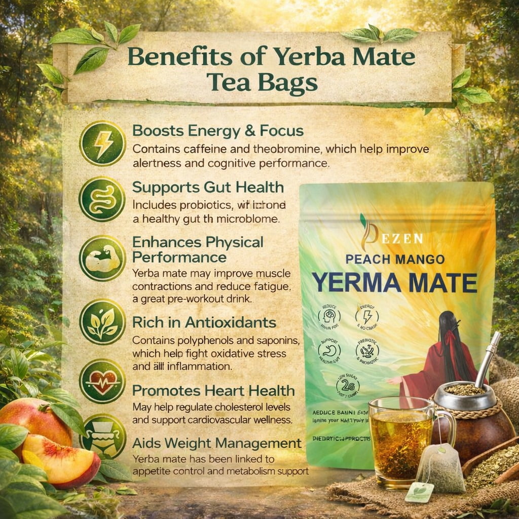 Yerba Mate Tea with Prebiotic & Probiotics Supplements, Herbal Tea with Natural Caffeine & Low Sugar, Peach Mango, 30 Servings