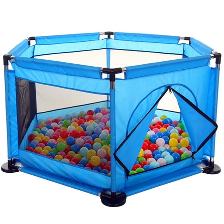 6 Sided Baby Playpen Playing House Interactive Kids Toddler Room With Safety Gate (Not inclued balls), Blue,Red, Green, 50.4x26.2x27.6