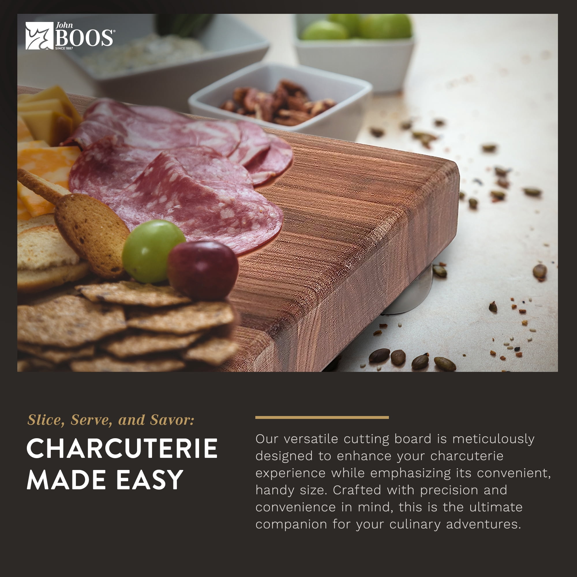 John Boos B Series Square Wood Cutting Board with Feet, 9" x 9", Walnut