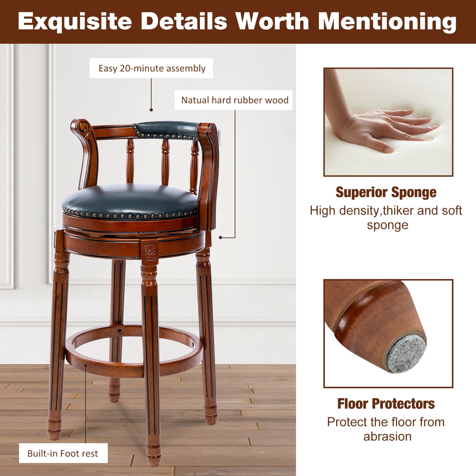 Aulife Bar Stools Genuine Leather Counter Height barstool Wooden Swivel kitchen Stool with Footrest for Kitchen Dining Room(navy seat, Counter-29.5" seat height)