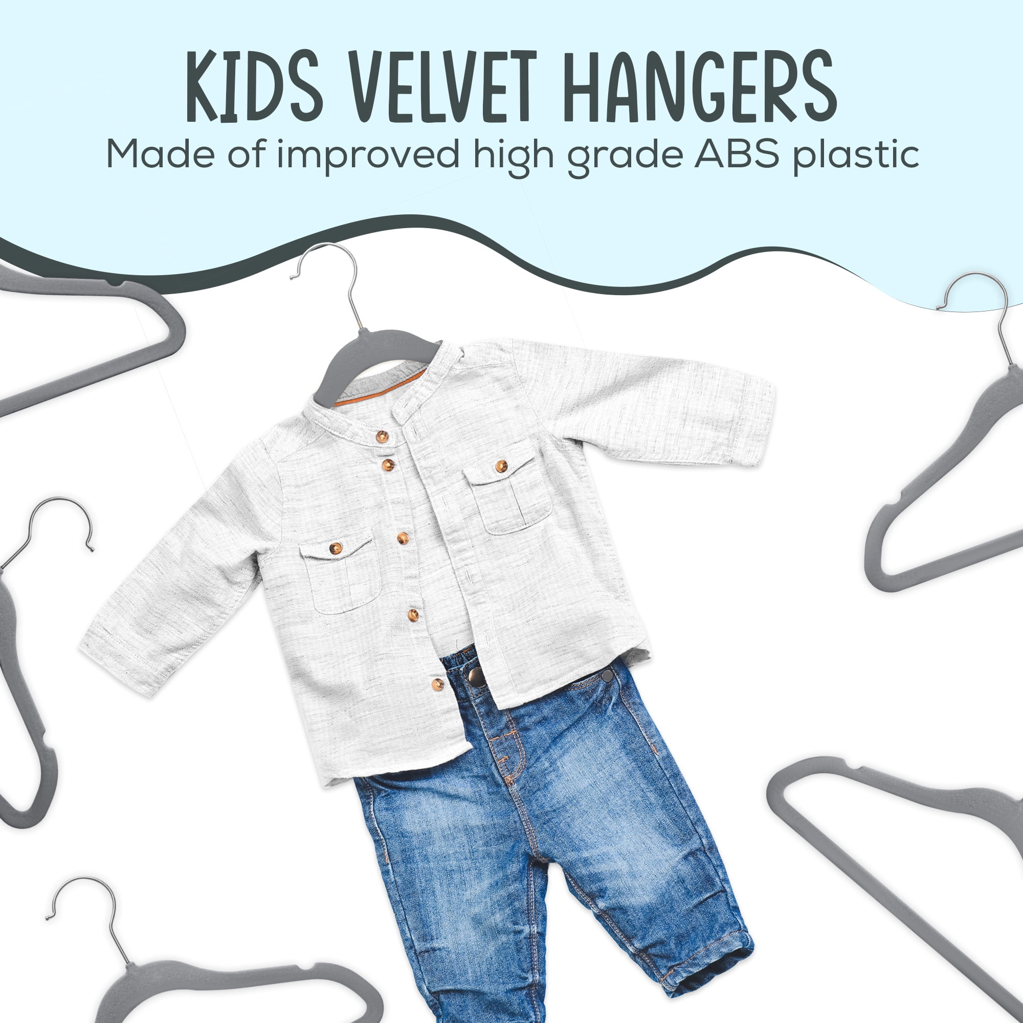 Techzoo Premium Kids Velvet Hangers 55 Pack – 14" Non Slip Felt Cloth Hangers for Closet – Ultra Slim, Space Saving Kids Clothes Hangers with 360° Swivel Hook, Toddler Children Kids Hangers – Gray