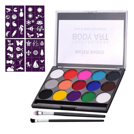 Professional Body Art Face Painting Kit Water Based Removable Body Paints 15 Colors Palette with 2 Paintbrushes and 4 Templates for Costume Makeup Themed Party