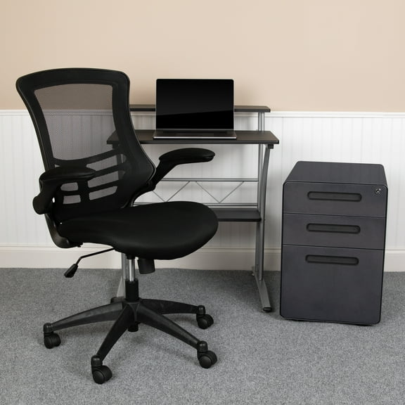 Emma   Oliver Work From Home Kit-Black Computer Desk, Ergonomic Office Chair, Filing Cabinet