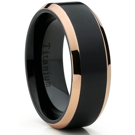 Beaded Polished Titanium Ring Rose Tone / Black Titanium Ring Wedding Band, Engagement Ring, High Polish Beveled Edge Ring ()