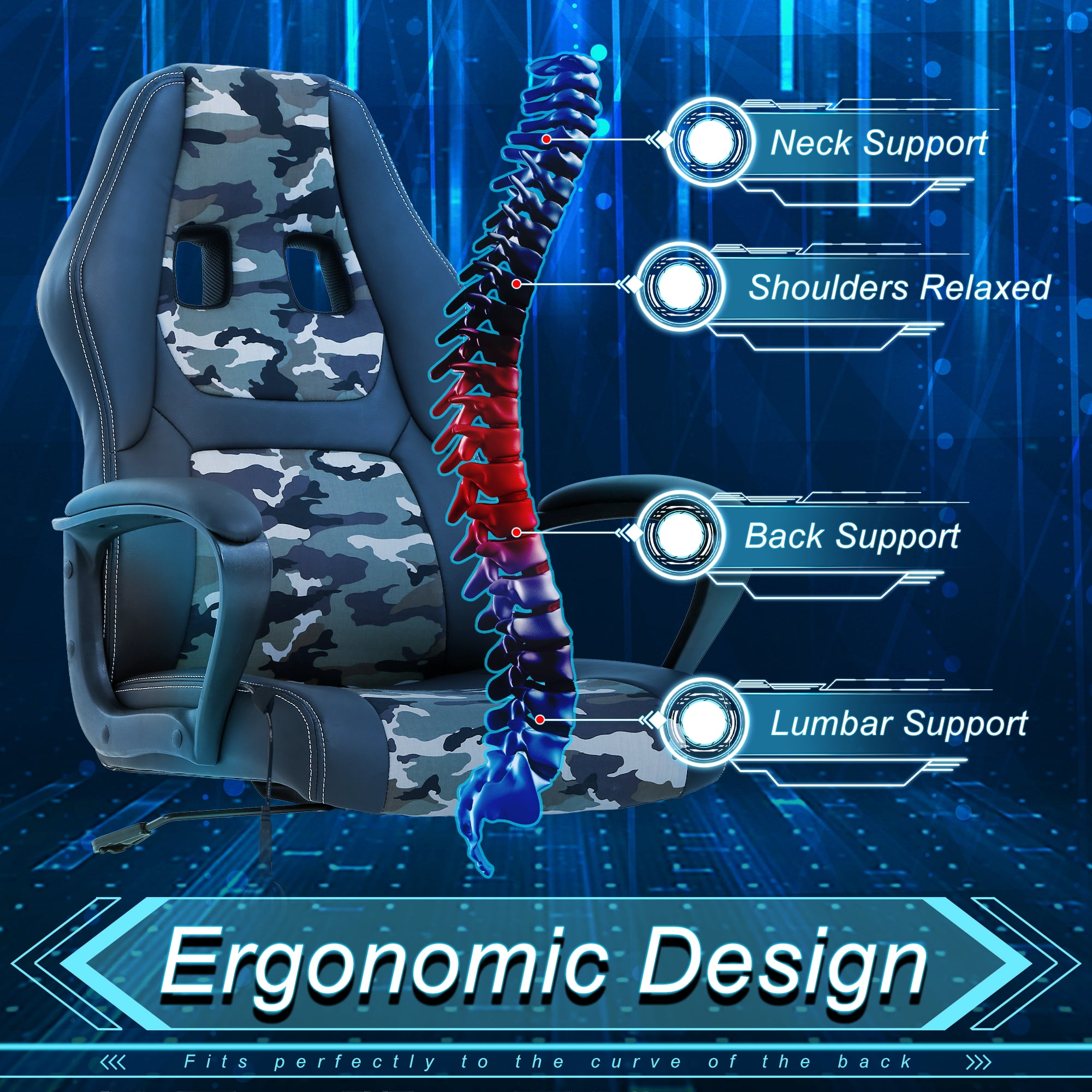 YRLLENSDAN Massage Gaming Chair Video Game for Adults, PU Leather Computer Chair with Arms & Massaging Back Ergonomic High-Back Video Game Chair for Men Women, Camo