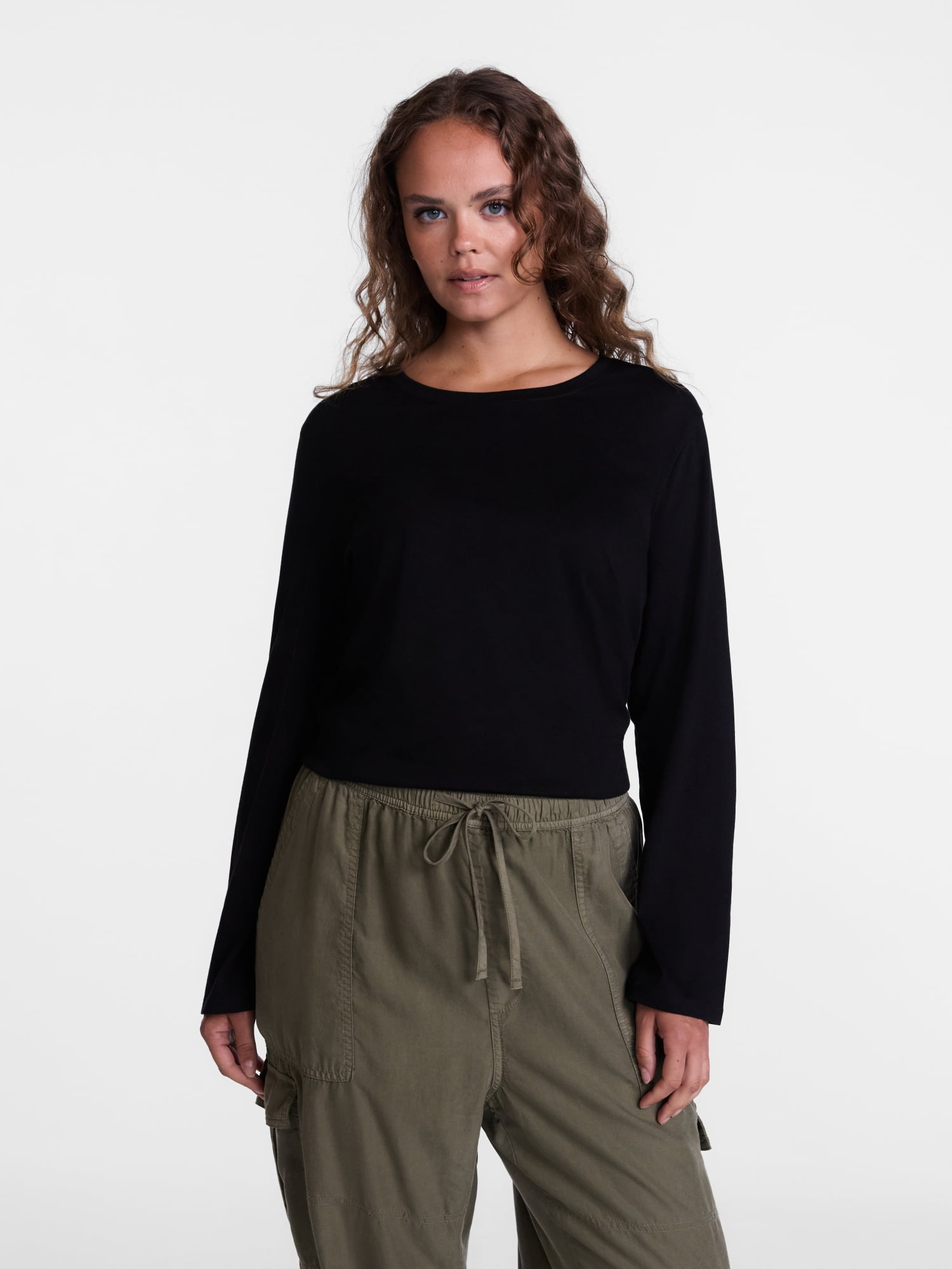 Scenario Women's Cotton Crewneck Tee with Long Sleeves, Sizes XS-XXXL