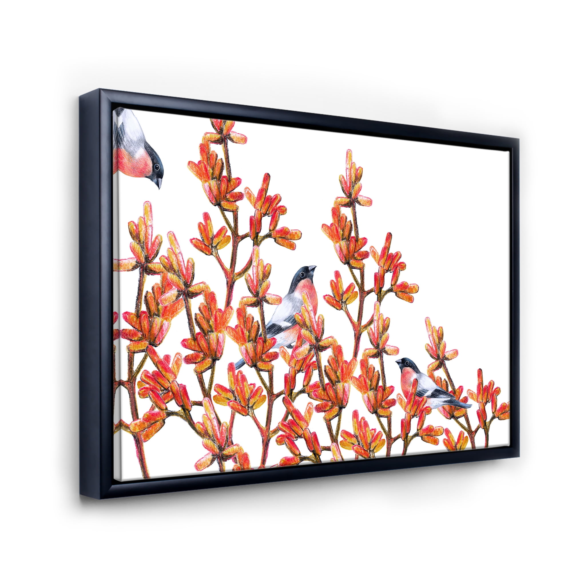 Designart 'Flock of Bullfinches Birds Sitting on Orange Branches' Traditional Framed Canvas Wall Art Print