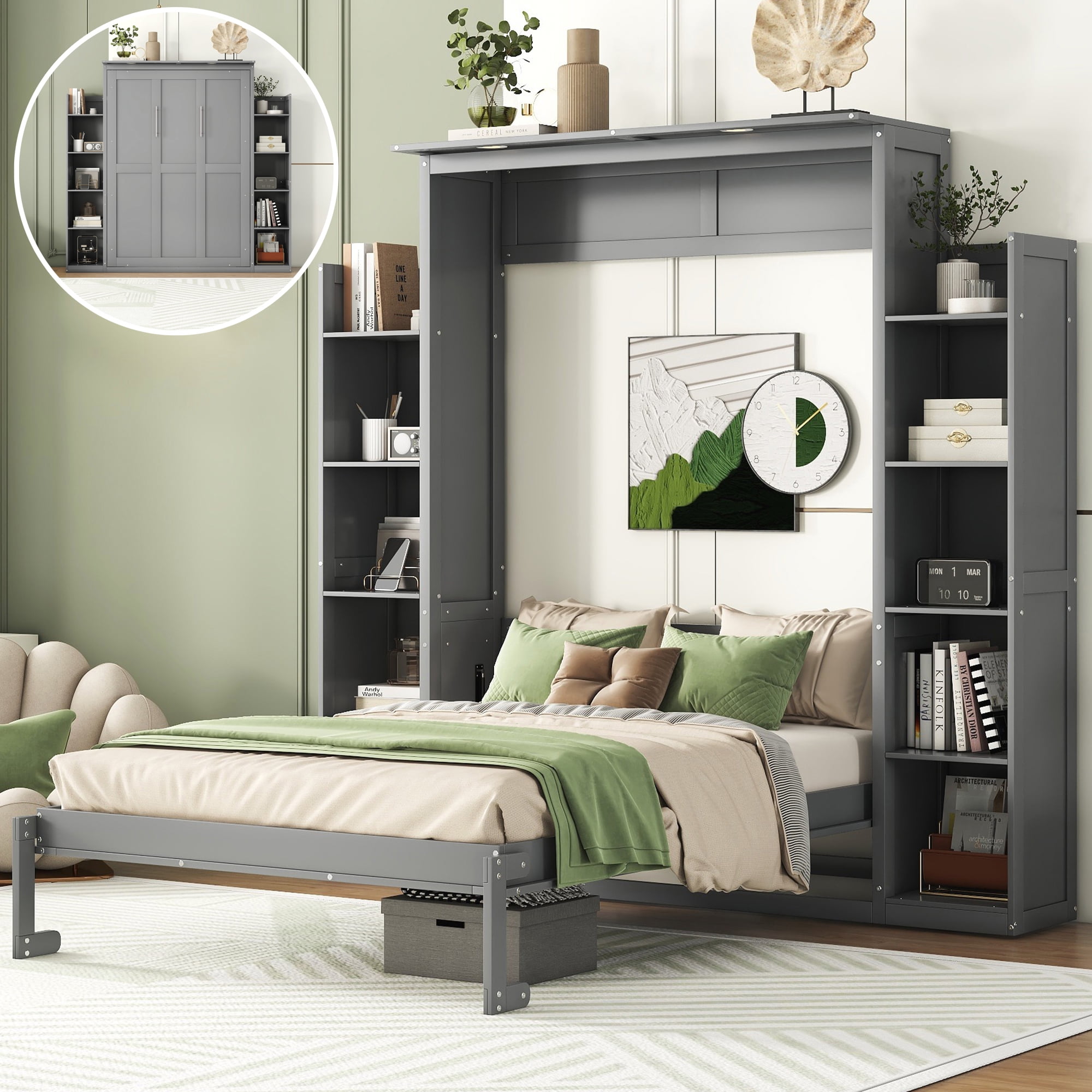 Noble House Full Size Murphy Bed Wall Bed with Shelves and LED Lights,Gray