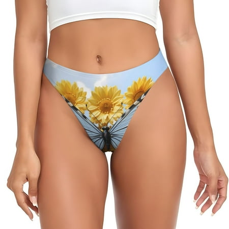 Qokaie Vibrant Butterfly And Sunflowers Printed Women s Cotton Thong Underwear  Sexy Breathable Panties G-string-Small