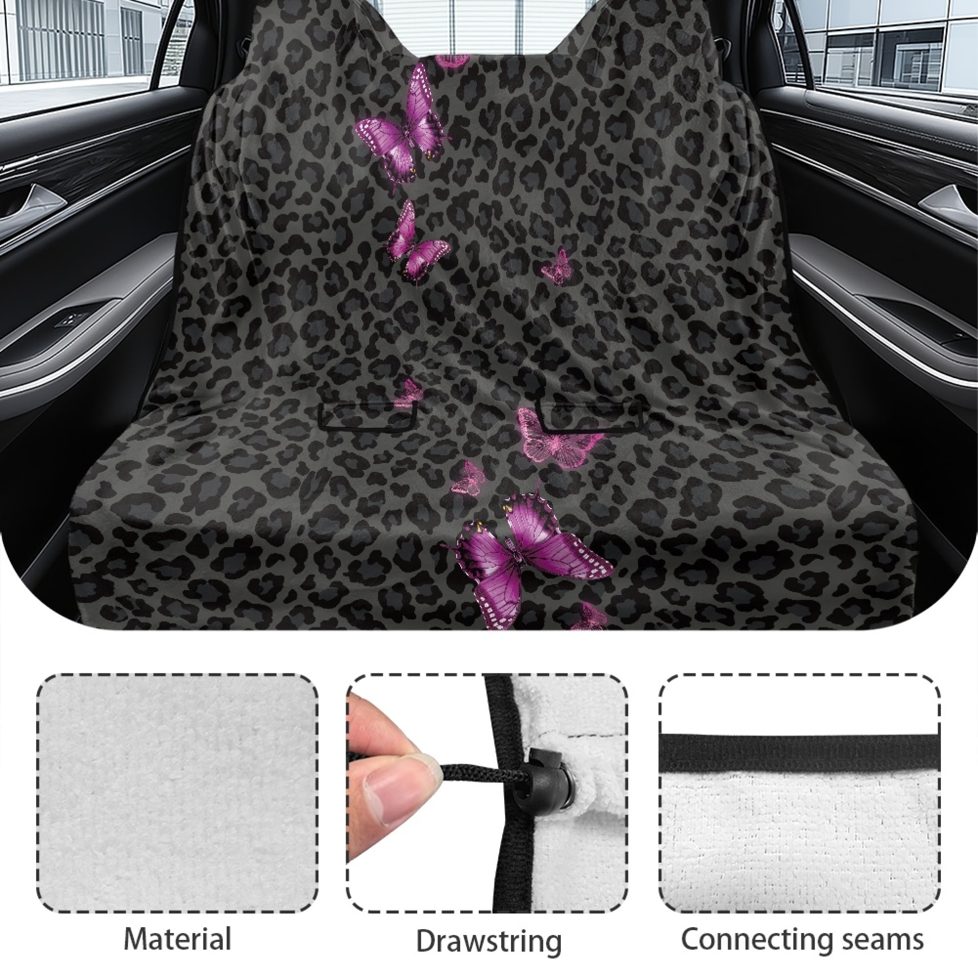 Drydeepin Butterfly Cheetah Leopard Car Seat Covers for Backseat, Rear Bench Seat Cover Towel Saddle Blanket Seat Protector Universal Auto Accessories for Trucks Van SUV, Black