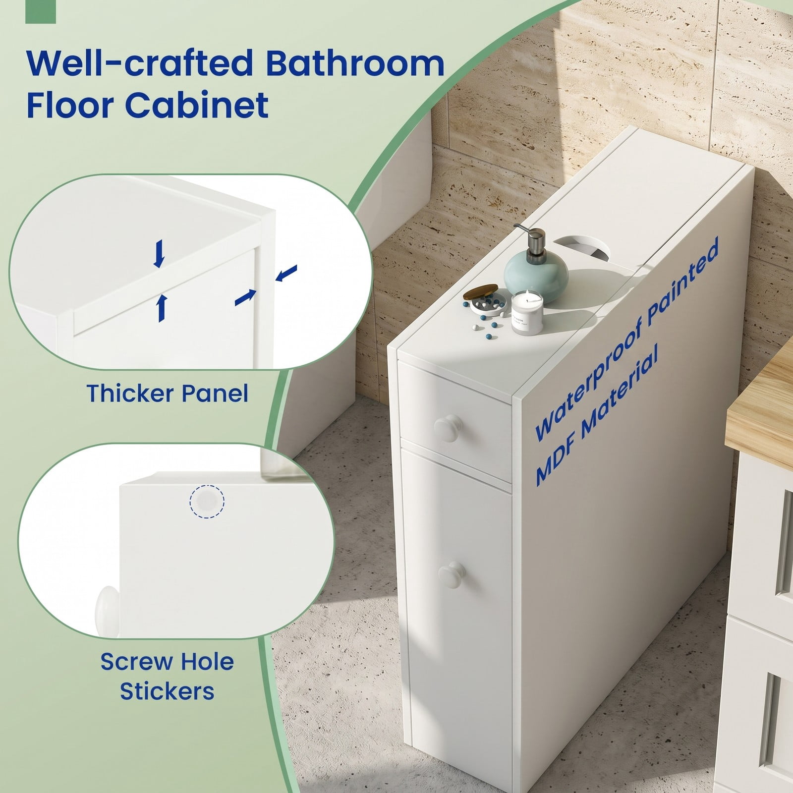 Fenbeli Slim Bathroom Floor Cabinet, Freestanding Slide-Out Space Saver Storage Organizer with Door, Narrow MDF Side Cabinet for Bathroom Living Room Kitchen, White