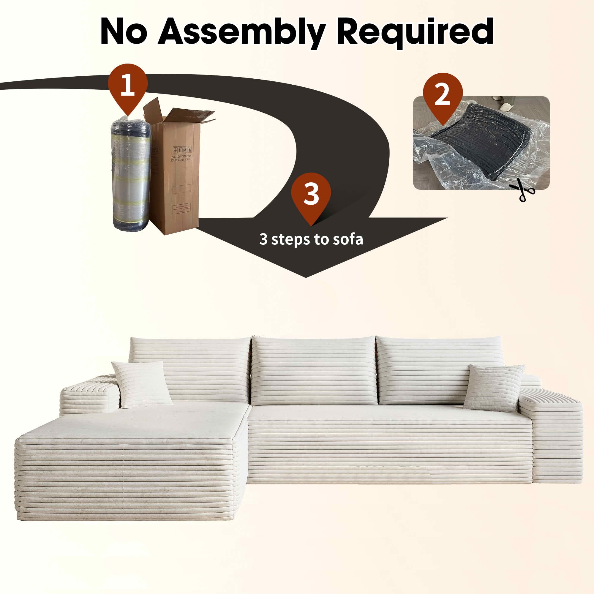 MAYEERTY 107" Cloud L-Shaped Modular Sectional Sofa with Left Facing Chaise, Plush Corduroy Deep Seat 3-Seater Couch, Cloud Sofa for Living Room, Apartment & Bedroom, No Assembly Required, White