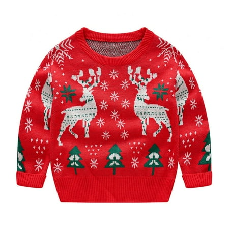 

Baby Boys Girls Christmas Outifts Elk Xmas Tree Pattern Sweater Long Sleeve Crew Neck Pullover Chidren Kids Clothes