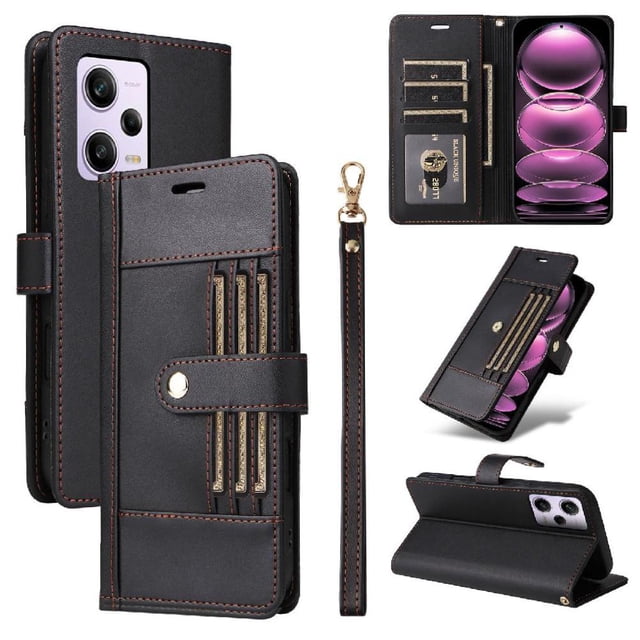 FOXDOCK Wallet Case for Xiaomi Redmi Note 12 Pro Plus – PU Leather Flip Cover with Multi Card Slots, Cash Pocket & Wrist Strap