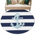 thumbnail image 2 of Navy Blue Stripe Nautical Round Rugs 7ft, Aqua Anchor Summer Coastal Non Slip Washable Rug Runner, Low Pile Indoor Floor Carpet Mat Bathroom Rugs for Living Room, Bedroom, Kids Room, 2 of 9