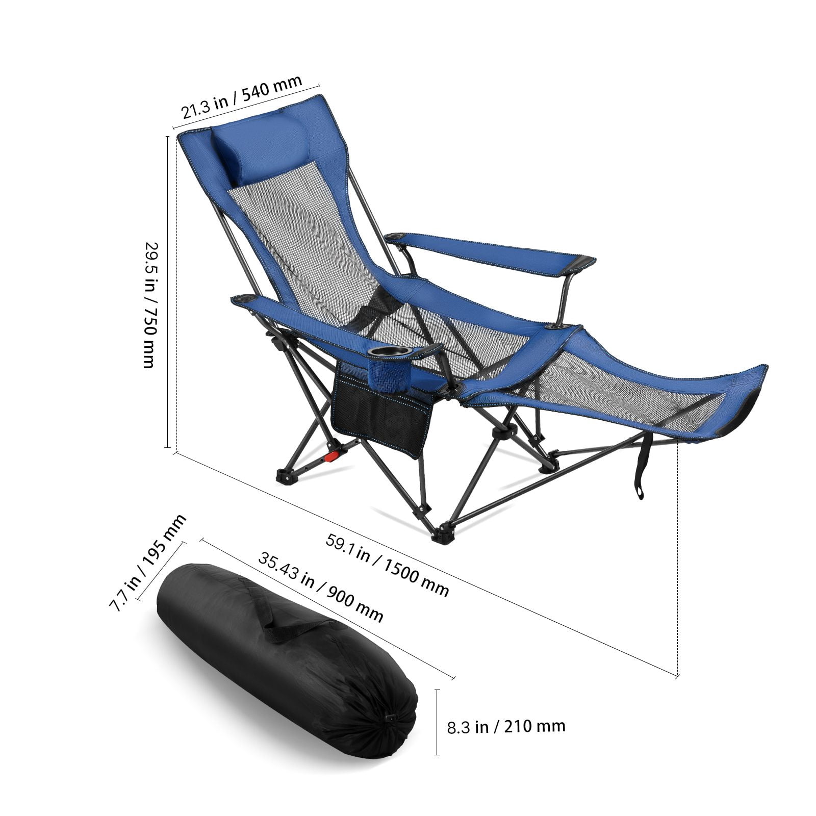 Foldable Reclining Lounge Chair 4-Position Adjustable, 220 lbs Capacity, Detachable Footrest, Cup Holder, for Camping Beach Patio