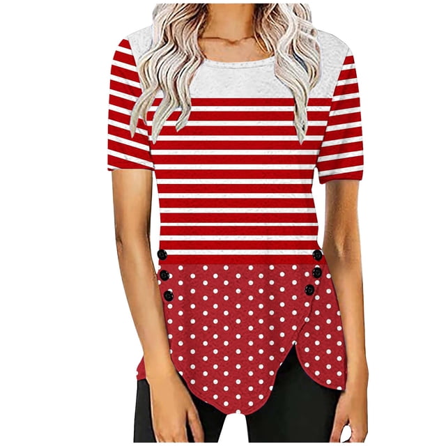 Blusas de Manga Corta para las Mujeres, Botón Impreso Casual Abajo Cuello Redondo Superior, Tela de Imitación Ligera