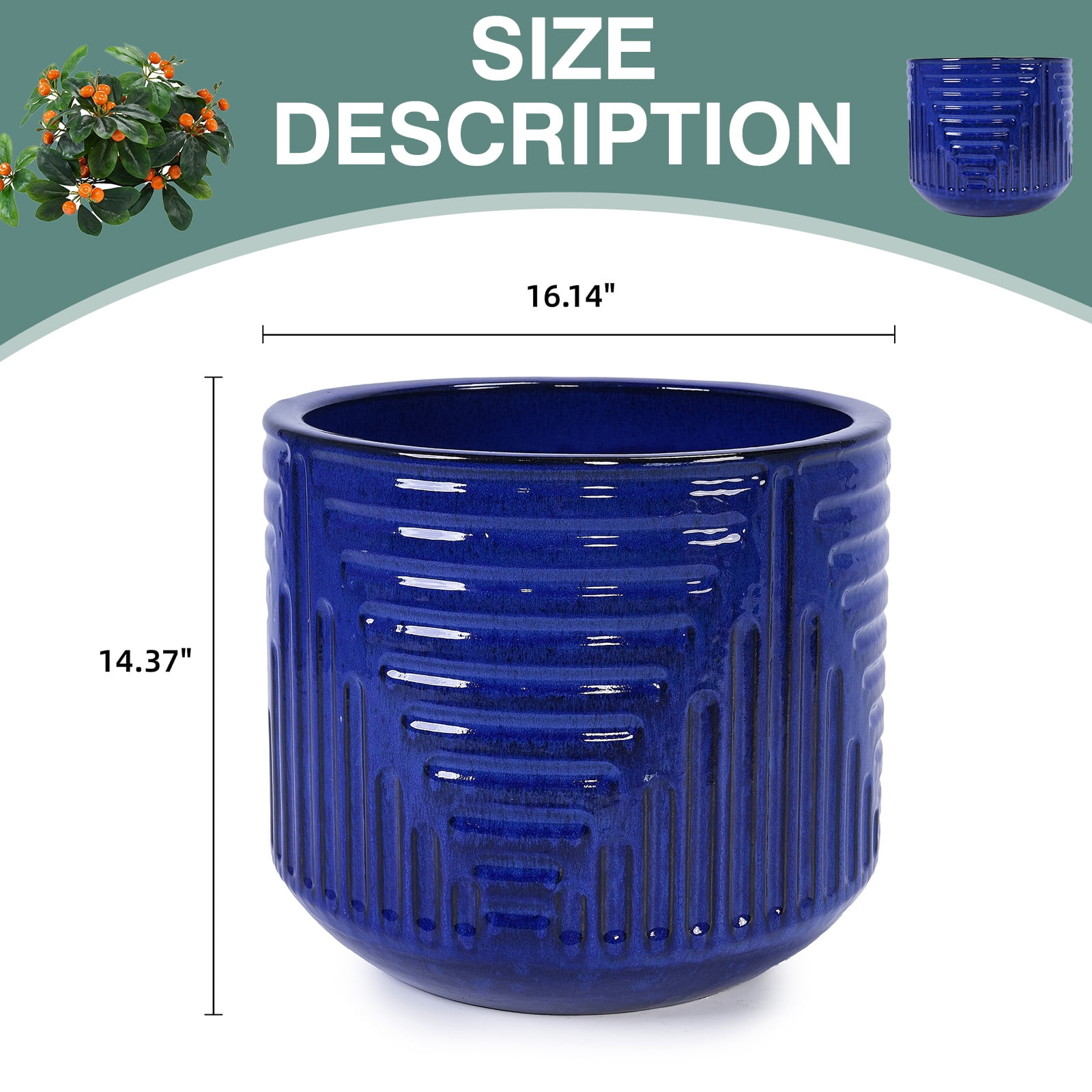 16" Dia Round Planters for Indoor Plants, Large Outdoor Planters with Drainage Holes, Ceramic Plant Pots Indoor & Outdoor for Home Garden Patio - Dark Blue