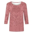 thumbnail image 4 of CYMMPU 3/4 Sleeve Blouses for Women Dressy Casual Flower Printed Loose Fit Spring Tops Summer Fashion Shirts Tunic Tops Round Neck Lightweight Basic T-Shirts Red L, 4 of 5