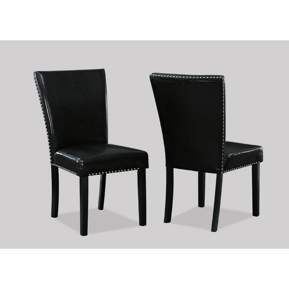 2pc Upholstered Dining Chairs, Black Faux Leather, Nailhead Trim, Tapered Legs, Contemporary Joy Leather Upholstery, Modern Blend