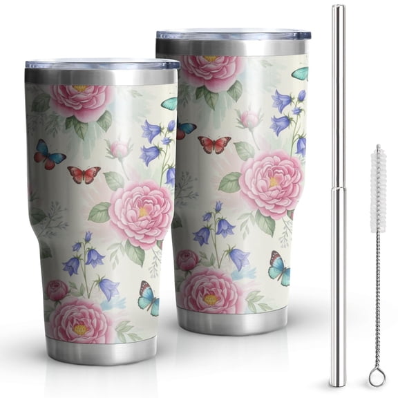 30oz Pioneer Flower Floral Print Pattern Tumbler, Double Wall Vacuum Insulated Cup, BPA-Free Leak Proof Lid & Reusable Straws, Hot 12h, Cold 34h