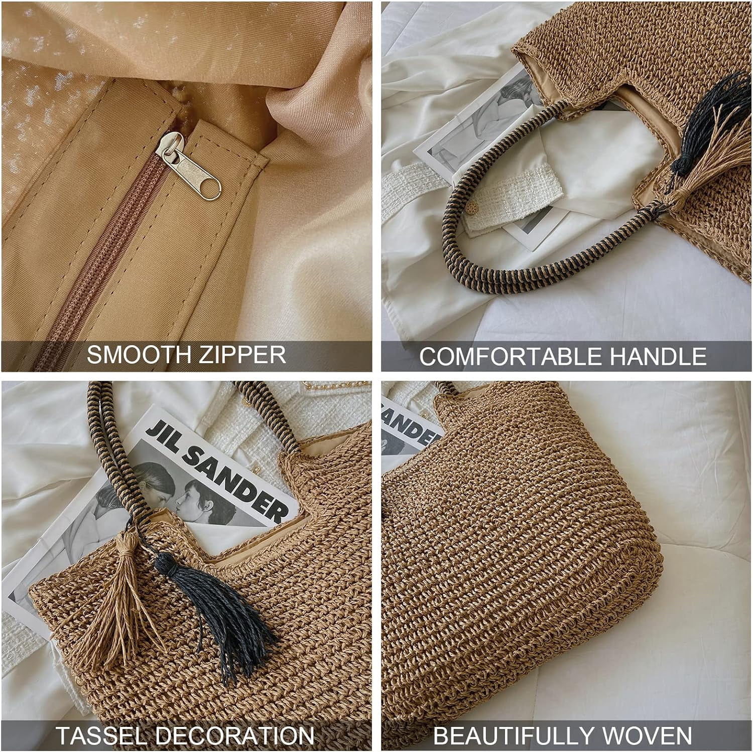 Kukuzhu Straw Beach Bag, Summer Woven Tote Bag with Tassels Large Shoulder Handbag Straw Purses and Handbags for Women