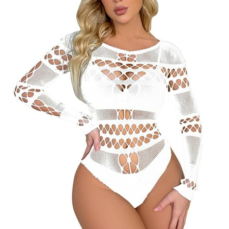 

GWAABD Women Lingerie Women Lingerie Long Sleeves Bodysuit Mesh Teddy Underwear