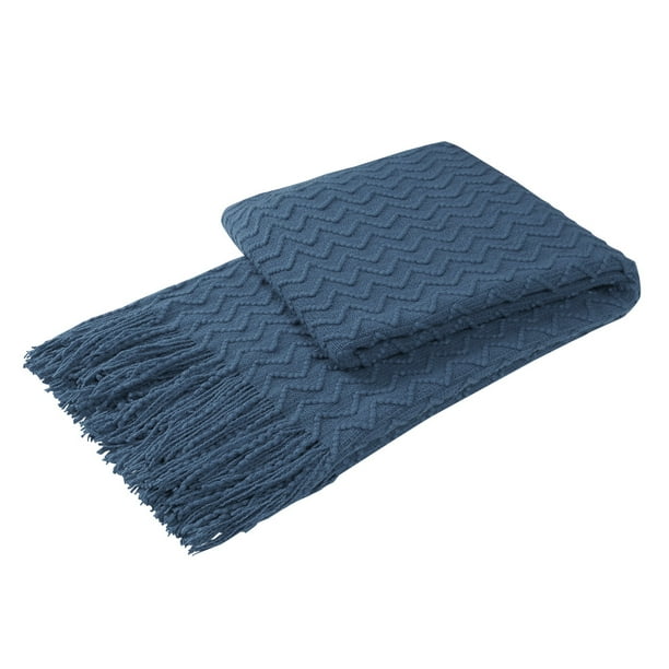 Unique Bargains Fringe Knitted Decorative Throw Blanket, 50"x 60", Navy