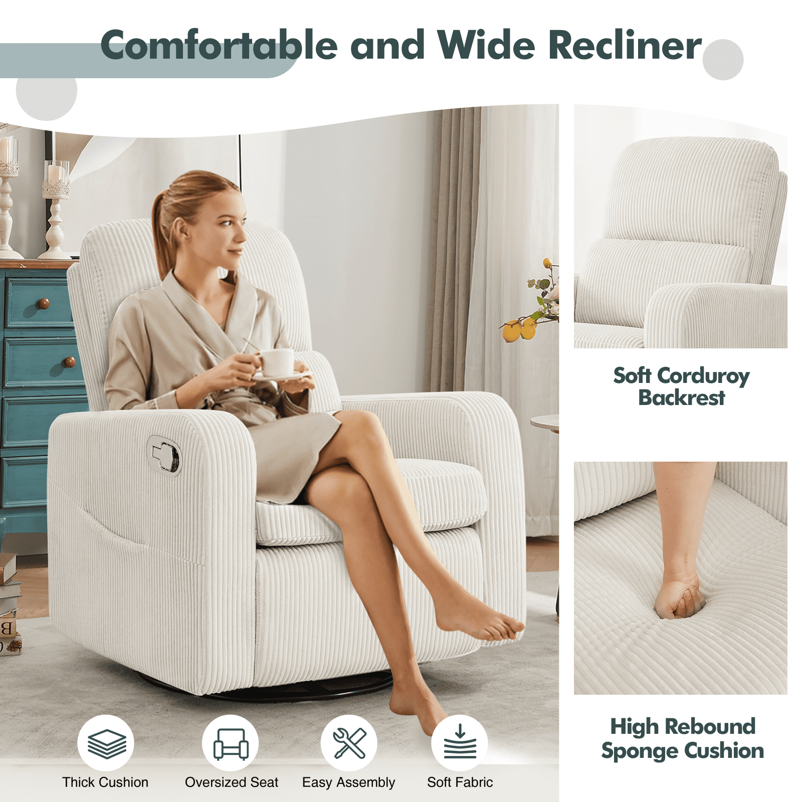 Aemeios Swivel Manual Recliner Chair Corduroy Fabric Nursery Glider Rocker Recliner, White