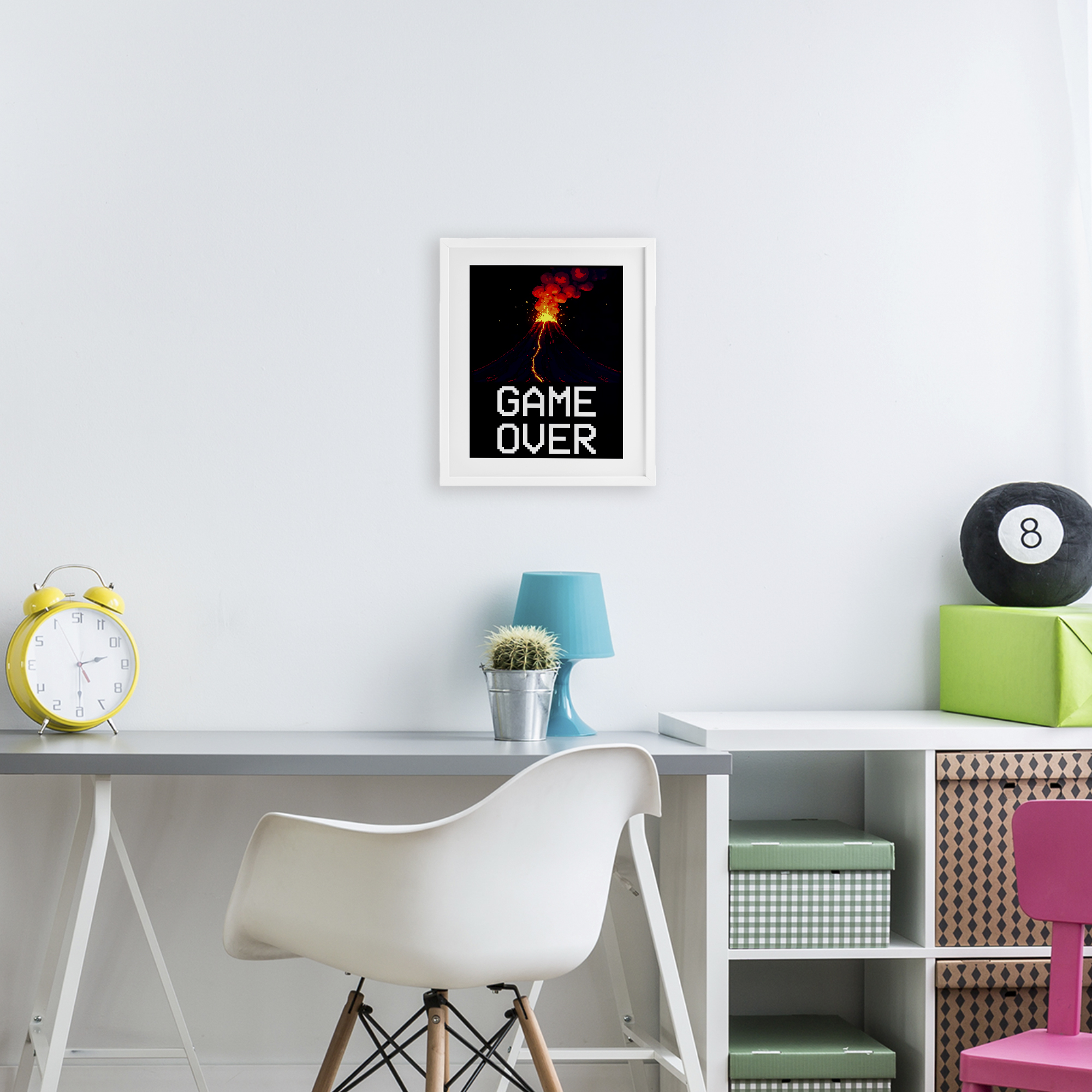 Pixel Volcano Game Over White Framed Print Under Glass, design by Kim Allen