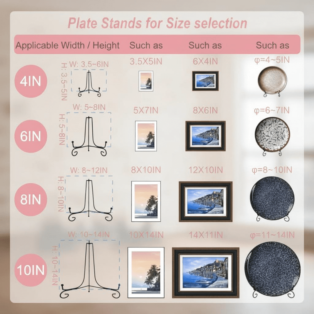 Set of 6 Black Iron Plate Display Stands in 3 Sizes (4, 6, 8 Inch) - Versatile Metal Easel Holders for Plates, Pictures, Books, Cards, Plaques, and Bowls