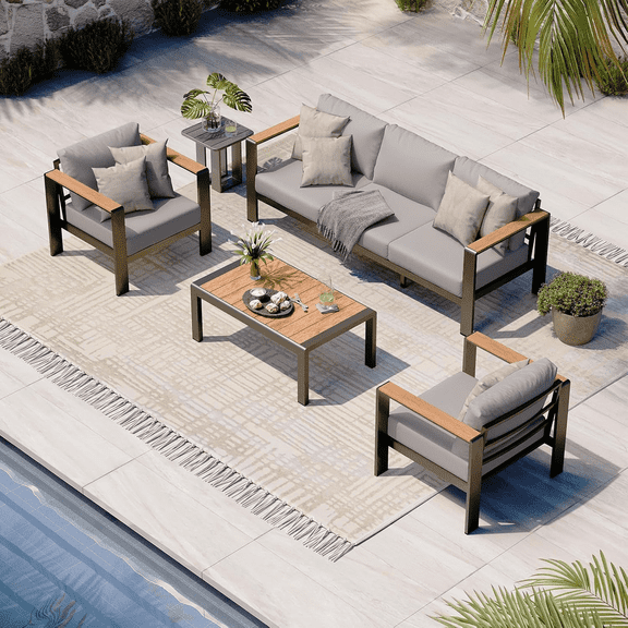 4 Piece Aluminum Patio Conversation Set, Modern Outdoor Furniture Set with Thick Cushions for Backyard, Balcony, Deck, Porch and Poolside, Gray