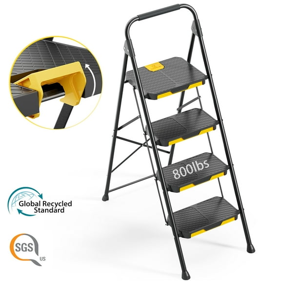 KK KINGRACK 4 Step Stool, Folding Step Ladder for Home&Outdoor, 800 lbs Capacity, Black