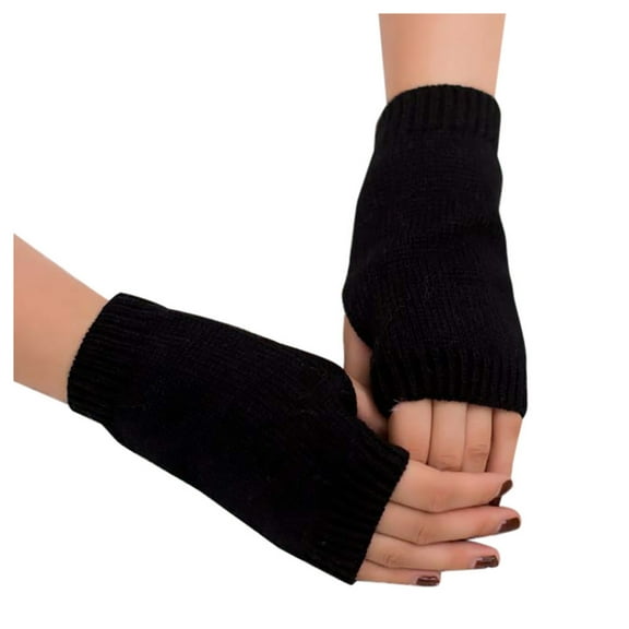 HNMKIU Women Fingerless Knitted Arm Warm Gloves Winter Mitten for Girls Soft Thermal Handwear Black,One Size