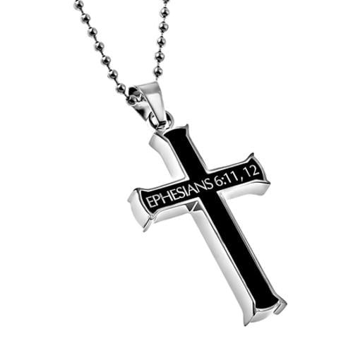 Ephesians 6:11 Cross Black Necklace ARMOR OF GOD Bible Verse, Stainless Steel Bead Chain