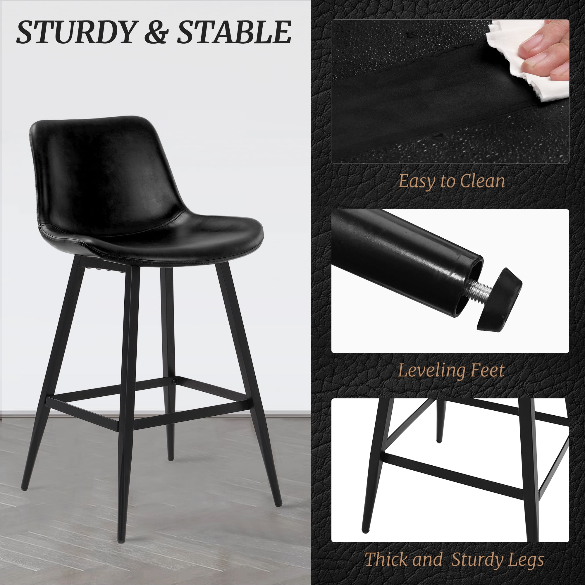 Dycanpo Modern Faux Leather 26 Inch,Counter Height Bar Stools Set of 4,for Home Kitchen, Black
