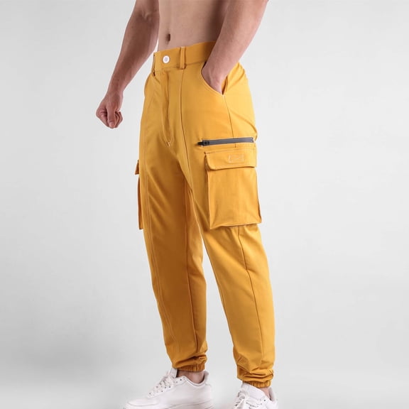 Yaoyar Men's Casual Cargo Jogger Pants Button Front Waist Solid Color Multiple Pockets Elastic Cuff for Running Gym Workout Long Pants,M,Yellow