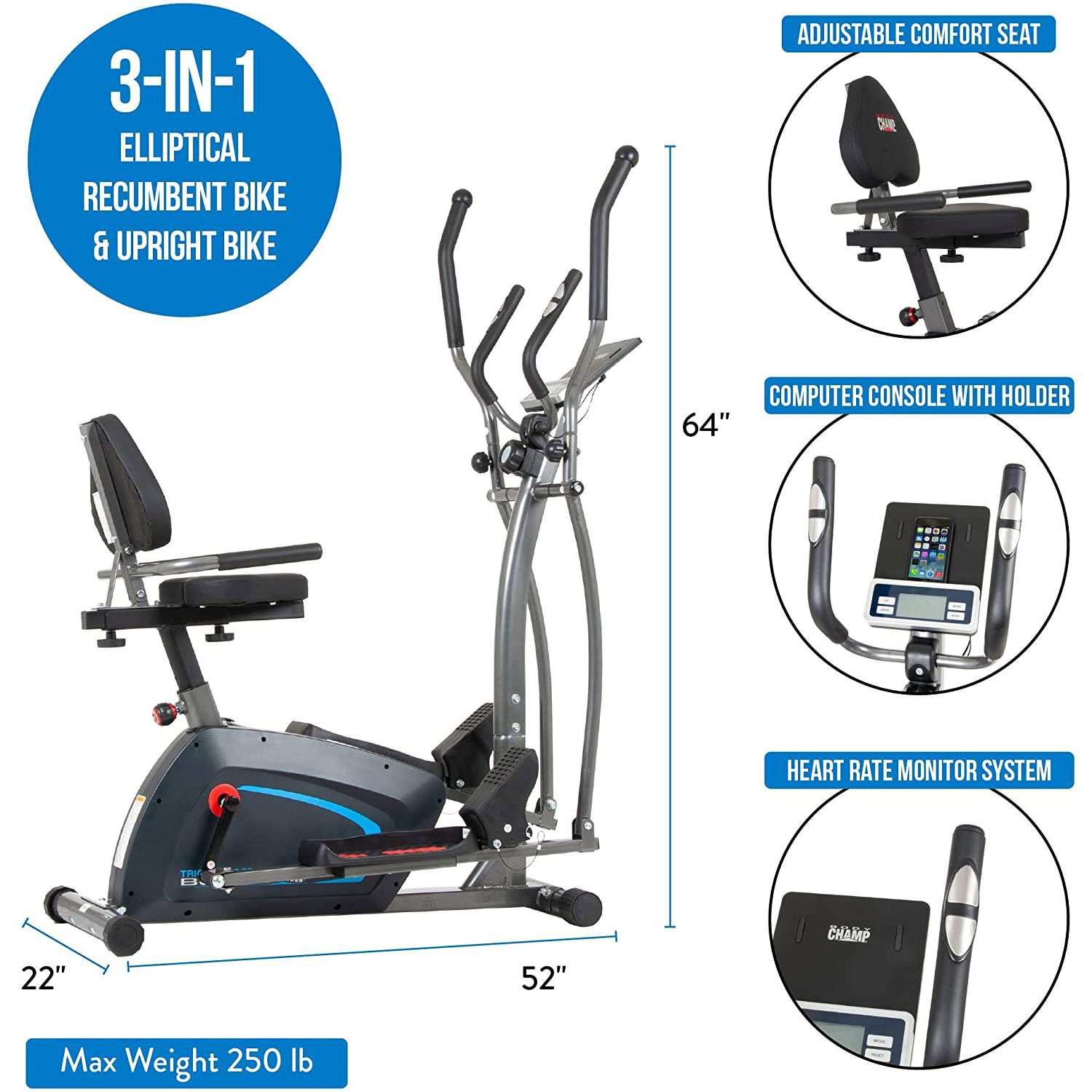 Body Champ BRT1875 3-in-1 Elliptical Trainer, Magnetic Resistance, Heart Rate, Max. 250 lbs - image 3 of 7
